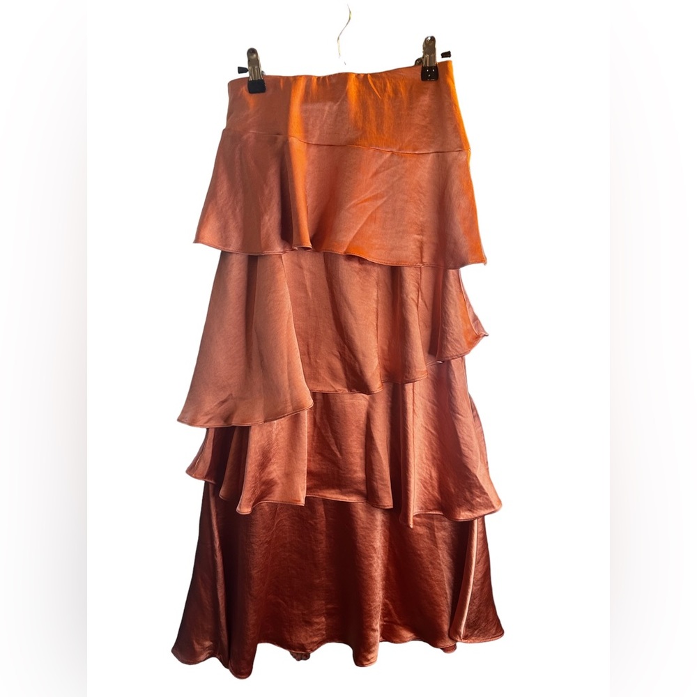 On Twelfth Burnt Orange Tiered Silk Like Skirt